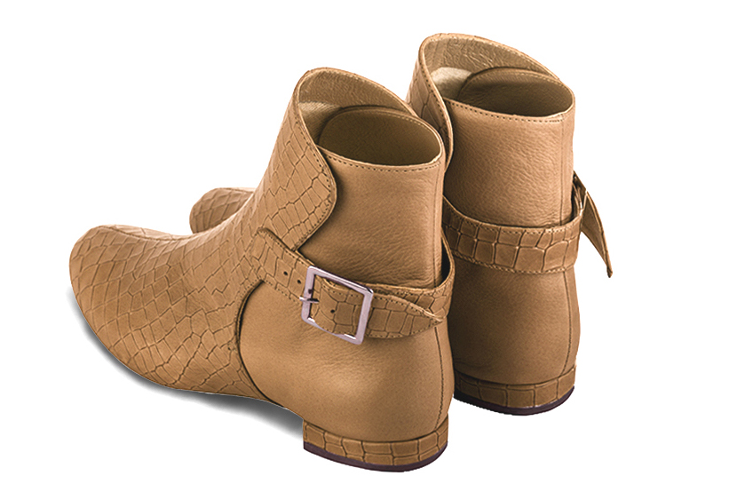 Camel beige women's ankle boots with buckles at the back. Round toe. Flat block heels. Rear view - Florence KOOIJMAN